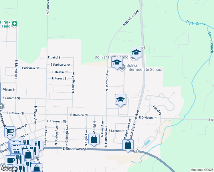 map of restaurants, bars, coffee shops, grocery stores, and more near 1301 East Forest Street in Bolivar