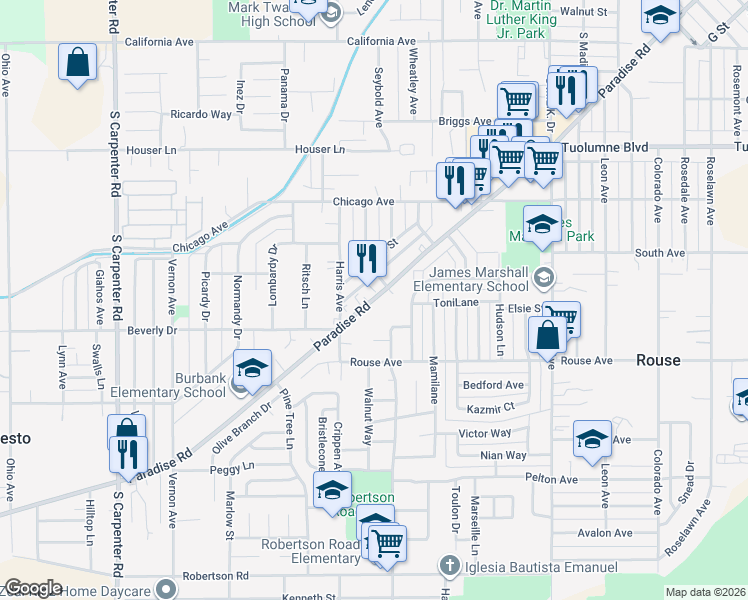 map of restaurants, bars, coffee shops, grocery stores, and more near 800 Paradise Road in Modesto
