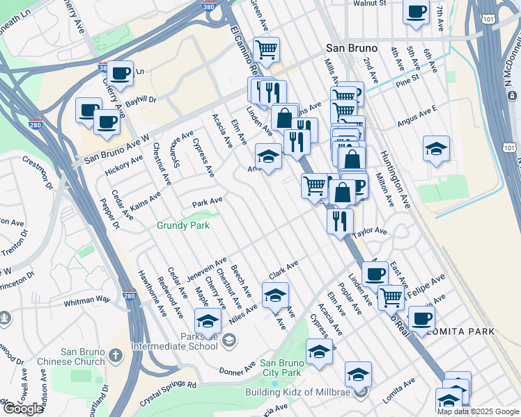 map of restaurants, bars, coffee shops, grocery stores, and more near 535 Acacia Avenue in San Bruno