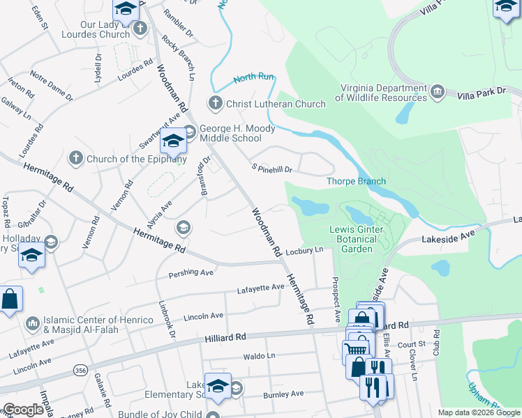 map of restaurants, bars, coffee shops, grocery stores, and more near 7507 Woodman Road in Richmond