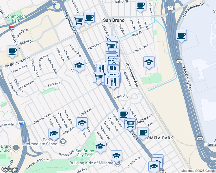 map of restaurants, bars, coffee shops, grocery stores, and more near 444 El Camino Real in San Bruno