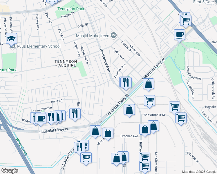 map of restaurants, bars, coffee shops, grocery stores, and more near 29312 Nantucket Way in Hayward