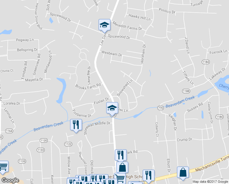 map of restaurants, bars, coffee shops, grocery stores, and more near 8134 Chestnut Grove Lane in Mechanicsville