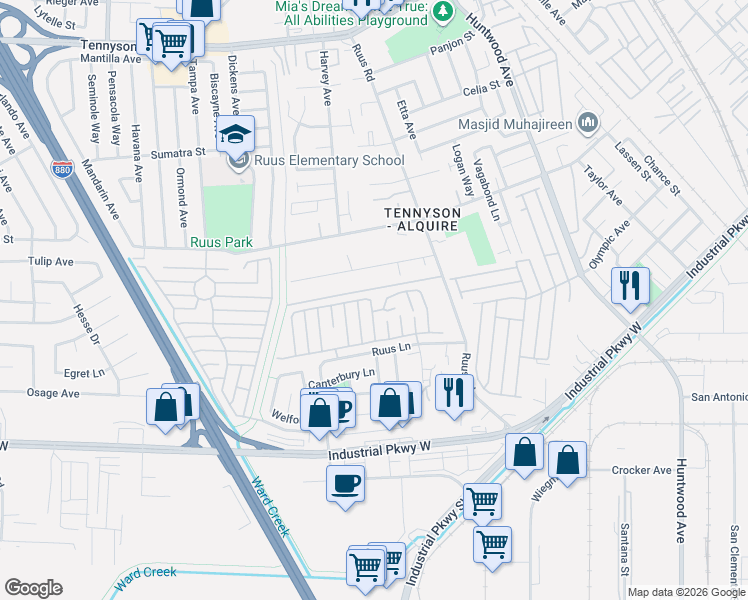 map of restaurants, bars, coffee shops, grocery stores, and more near 1305 Chelsea Way in Hayward
