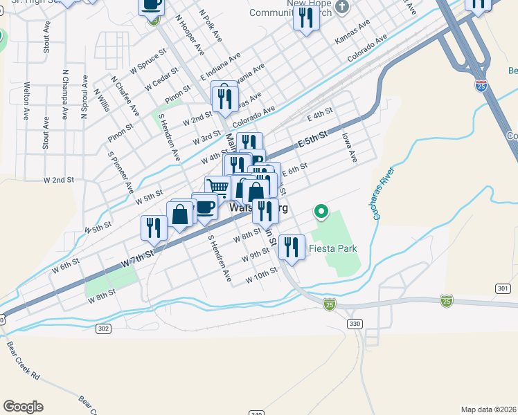 map of restaurants, bars, coffee shops, grocery stores, and more near in Walsenburg