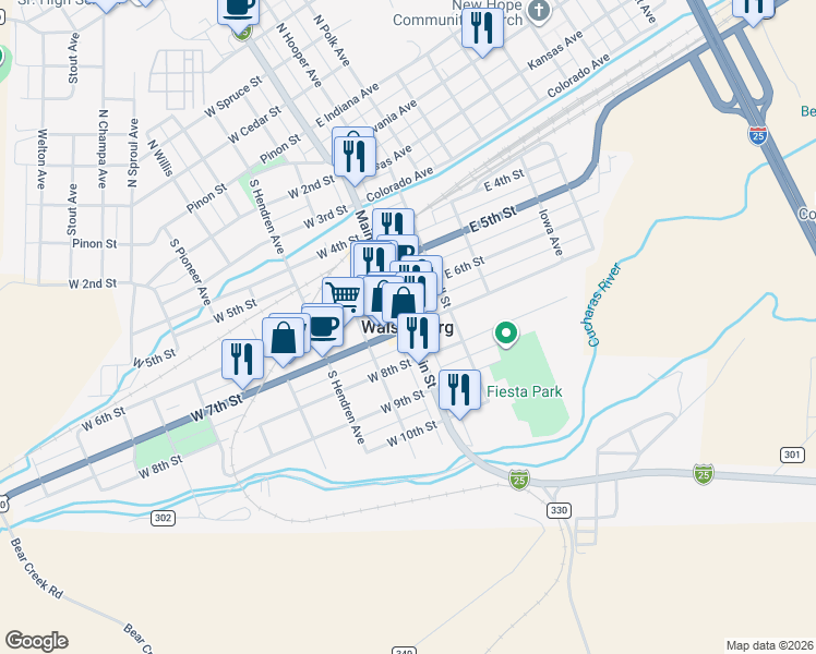 map of restaurants, bars, coffee shops, grocery stores, and more near in Walsenburg