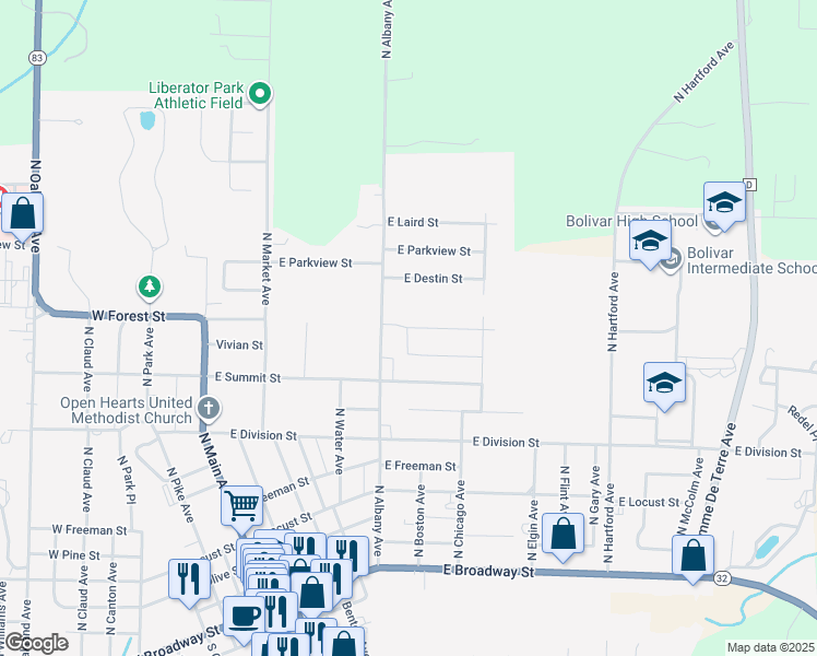 map of restaurants, bars, coffee shops, grocery stores, and more near E Forest St in Bolivar