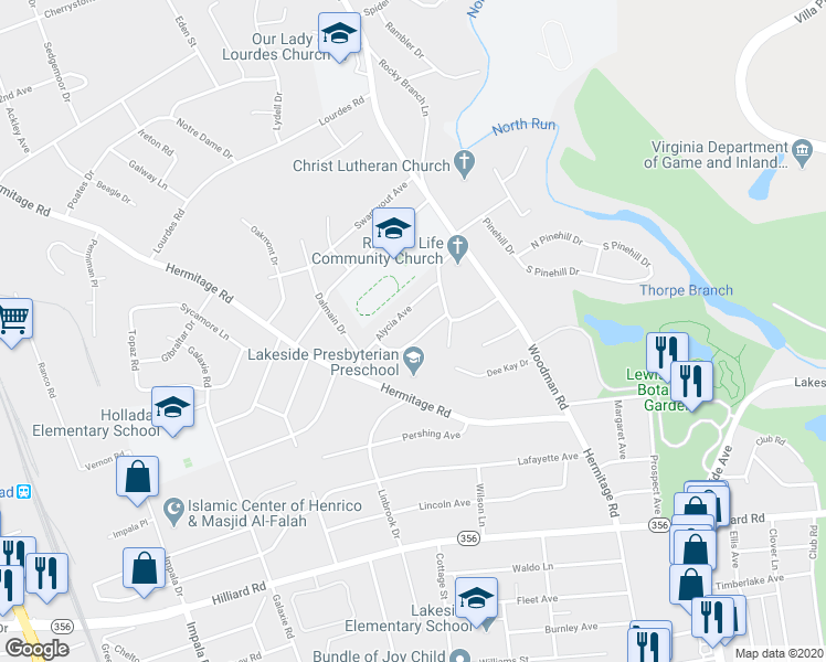 map of restaurants, bars, coffee shops, grocery stores, and more near 2412 Bransford Drive in Richmond