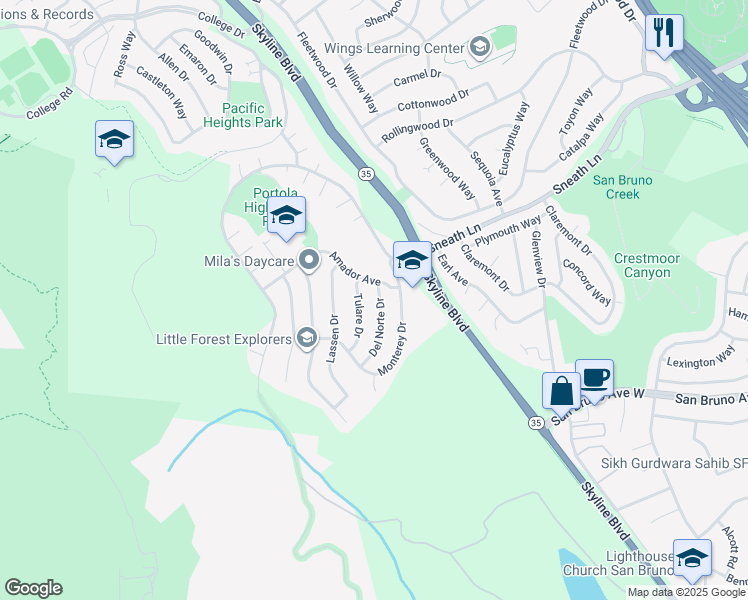 map of restaurants, bars, coffee shops, grocery stores, and more near 261 Del Norte Drive in San Bruno