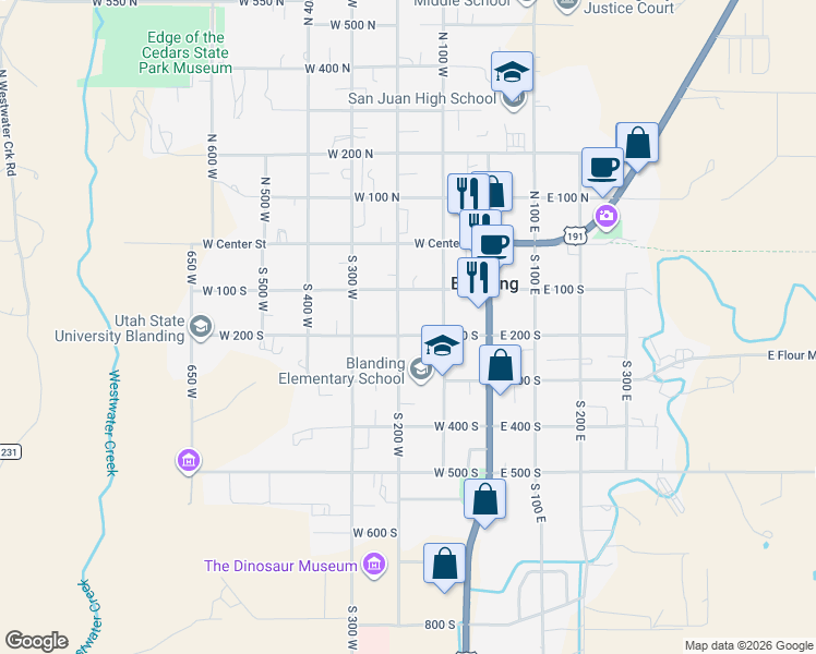 map of restaurants, bars, coffee shops, grocery stores, and more near 190 West 200 North in Blanding