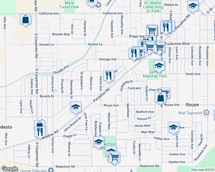 map of restaurants, bars, coffee shops, grocery stores, and more near 917 Paradise Rd in Modesto