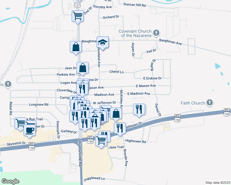 map of restaurants, bars, coffee shops, grocery stores, and more near 171 Madison Avenue in Danville