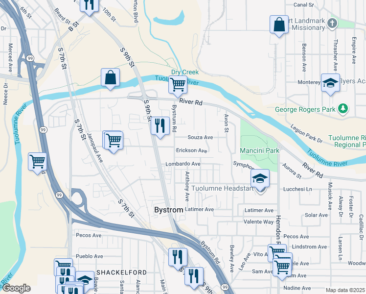 map of restaurants, bars, coffee shops, grocery stores, and more near 528 Bystrum Road in Modesto