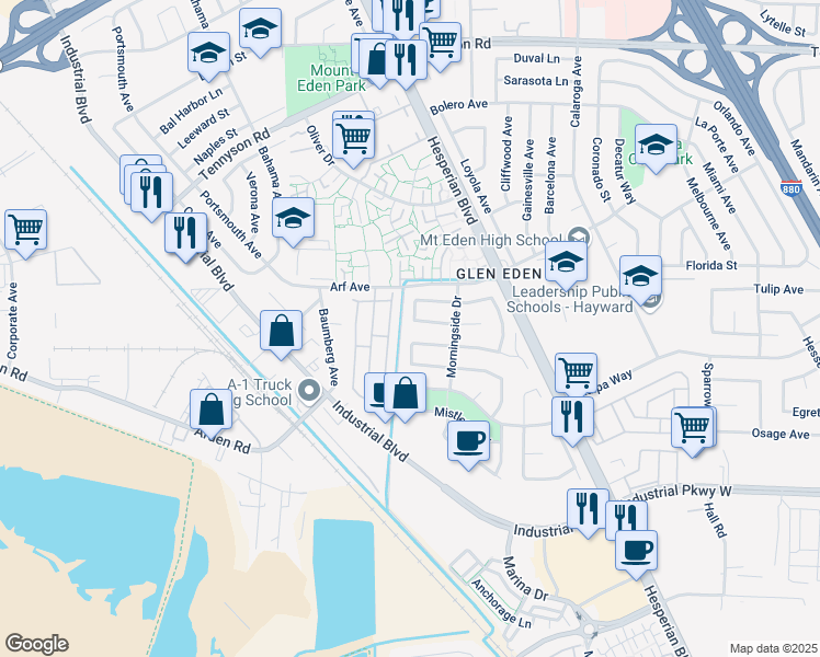 map of restaurants, bars, coffee shops, grocery stores, and more near 27920 Pueblo Serena in Hayward
