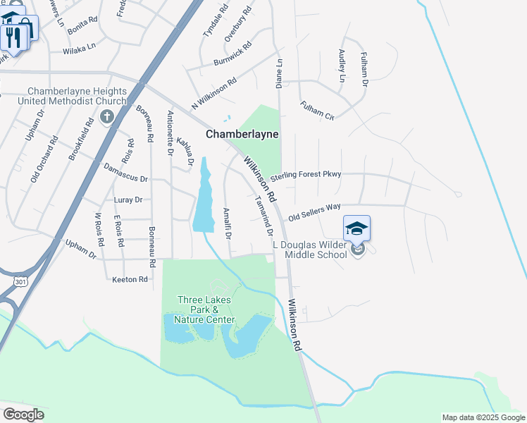 map of restaurants, bars, coffee shops, grocery stores, and more near 7923 Tamarind Drive in Richmond