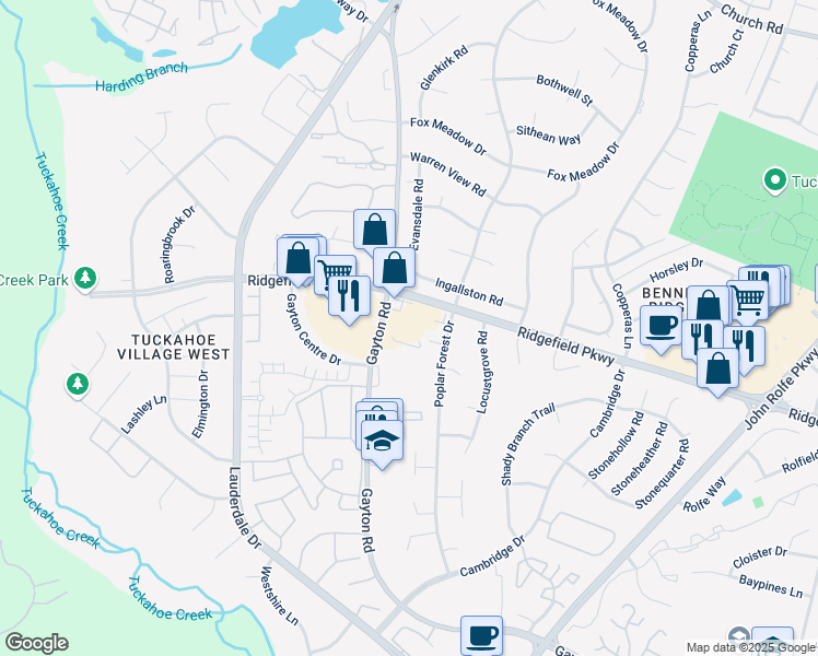 map of restaurants, bars, coffee shops, grocery stores, and more near 11155 Ridgefield Parkway in Richmond