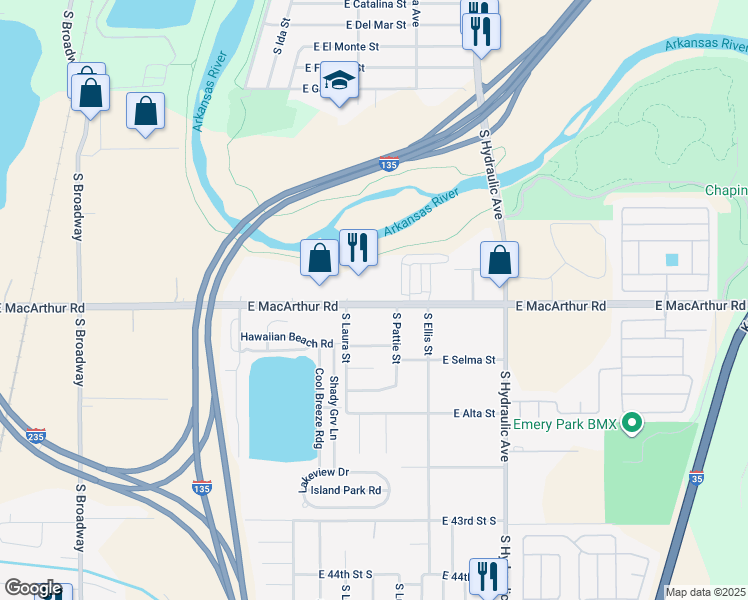 map of restaurants, bars, coffee shops, grocery stores, and more near 1202 East Macarthur Road in Wichita