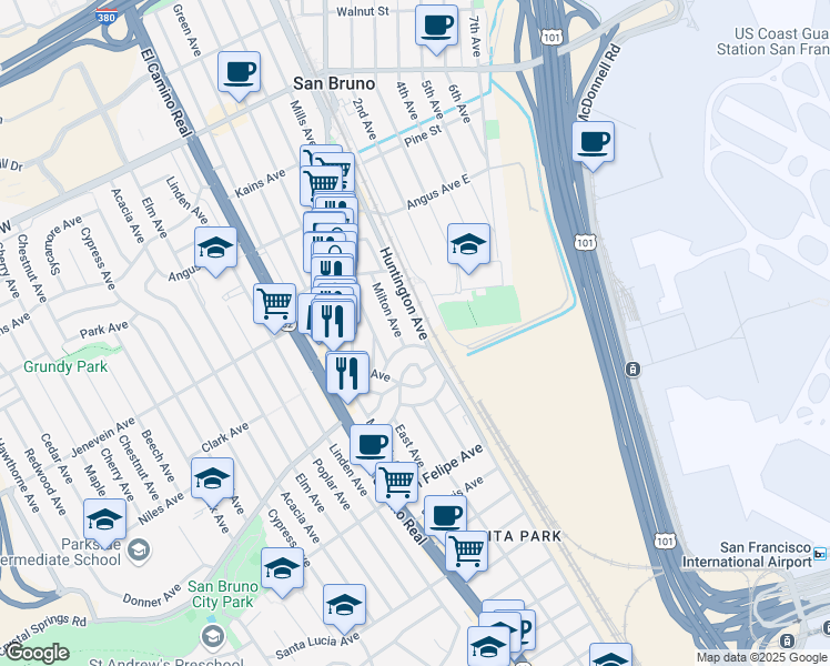 map of restaurants, bars, coffee shops, grocery stores, and more near 413 Huntington Avenue in San Bruno