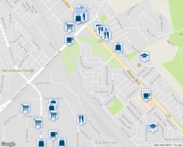 map of restaurants, bars, coffee shops, grocery stores, and more near 331 Brookhaven Court in Hayward