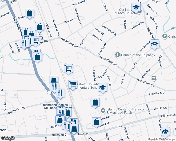 map of restaurants, bars, coffee shops, grocery stores, and more near 7913 Penniman Place in Richmond