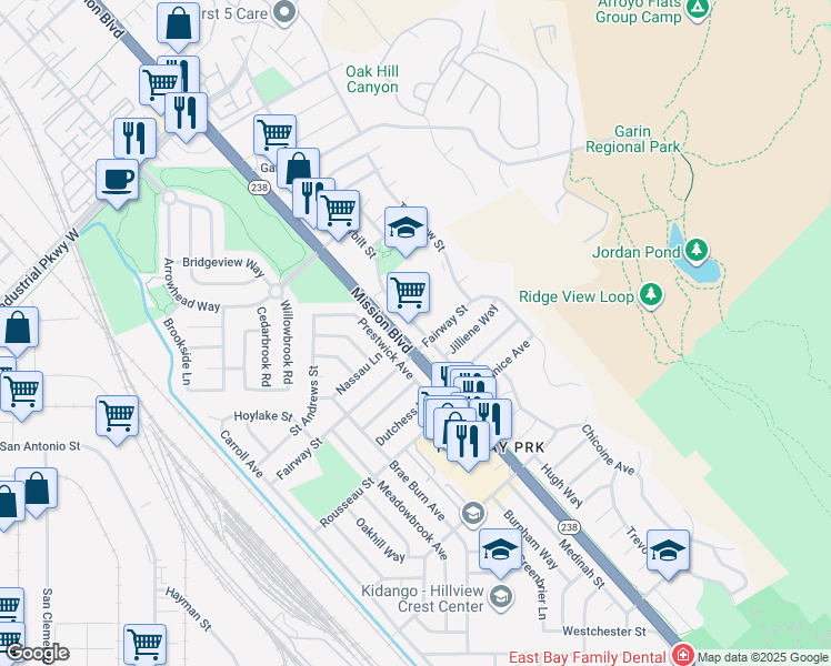 map of restaurants, bars, coffee shops, grocery stores, and more near 30683 Vanderbilt Street in Hayward