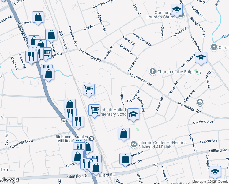 map of restaurants, bars, coffee shops, grocery stores, and more near 7913 Penniman Place in Richmond