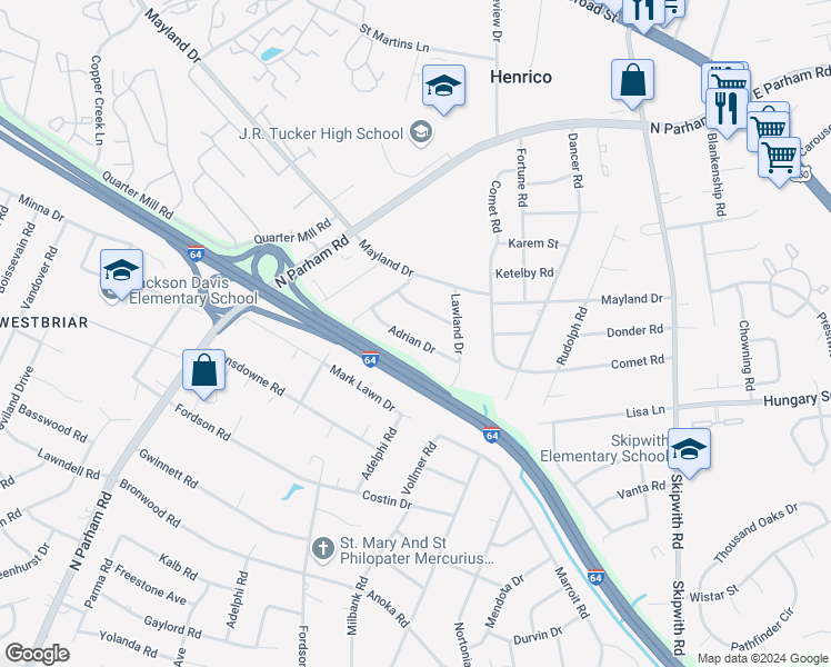 map of restaurants, bars, coffee shops, grocery stores, and more near 8212 Adrian Drive in Richmond
