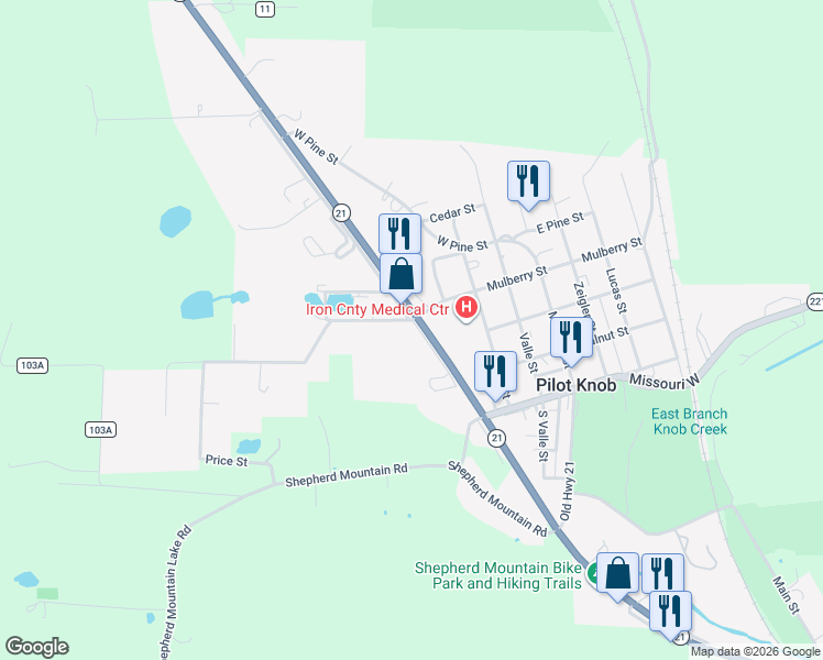 map of restaurants, bars, coffee shops, grocery stores, and more near 106 Saint Mary Street in Pilot Knob