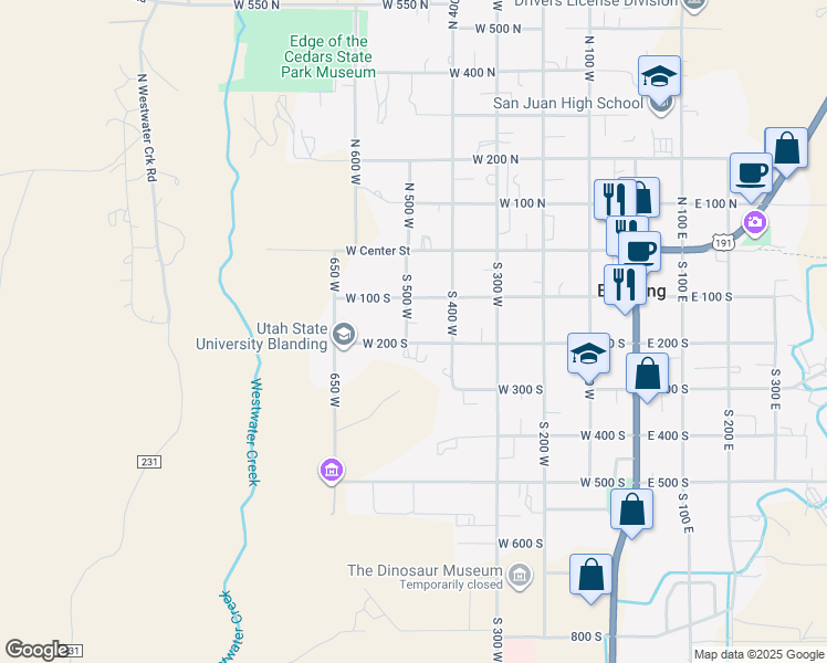 map of restaurants, bars, coffee shops, grocery stores, and more near 181 South 500 West in Blanding