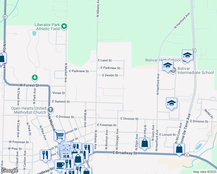 map of restaurants, bars, coffee shops, grocery stores, and more near E Forest St in Bolivar