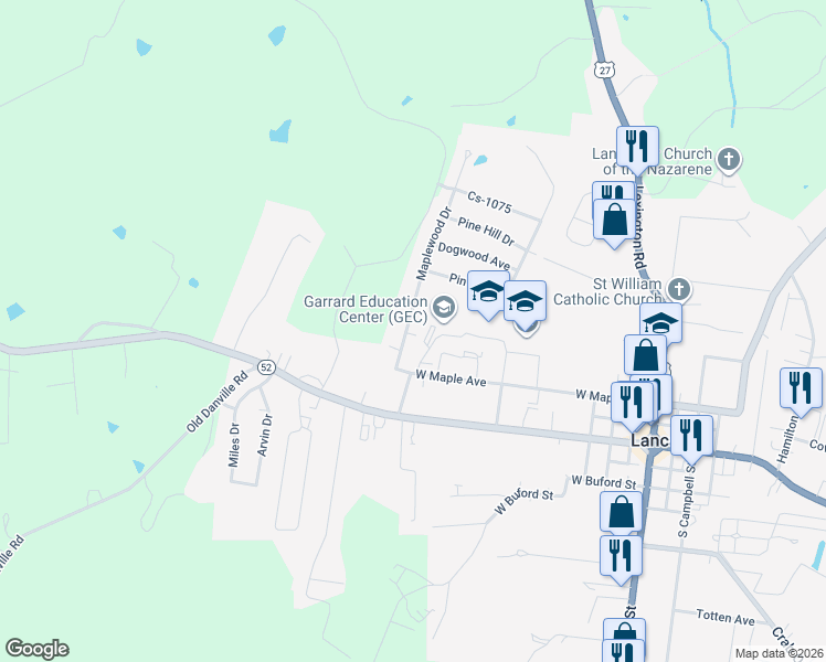 map of restaurants, bars, coffee shops, grocery stores, and more near 114 Maplewood Drive in Lancaster