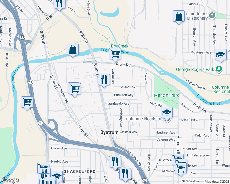 map of restaurants, bars, coffee shops, grocery stores, and more near 528 Bystrum Road in Modesto