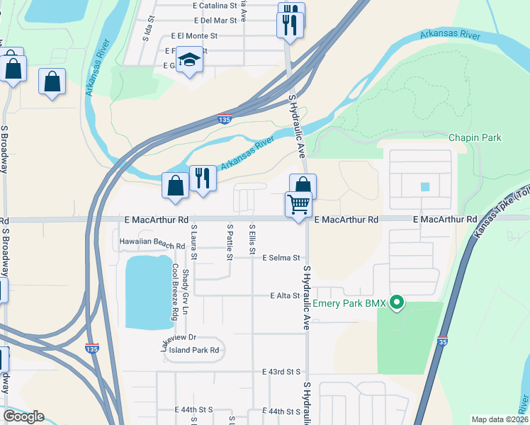 map of restaurants, bars, coffee shops, grocery stores, and more near 1522 East Macarthur Road in Wichita