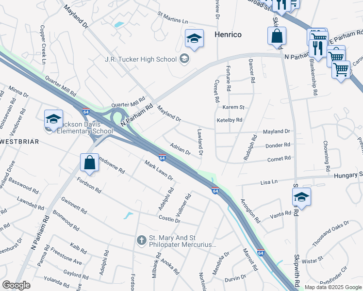 map of restaurants, bars, coffee shops, grocery stores, and more near 8212 Adrian Drive in Richmond