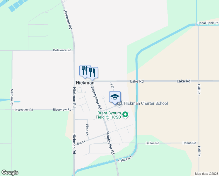 map of restaurants, bars, coffee shops, grocery stores, and more near 831 I Street in Hickman