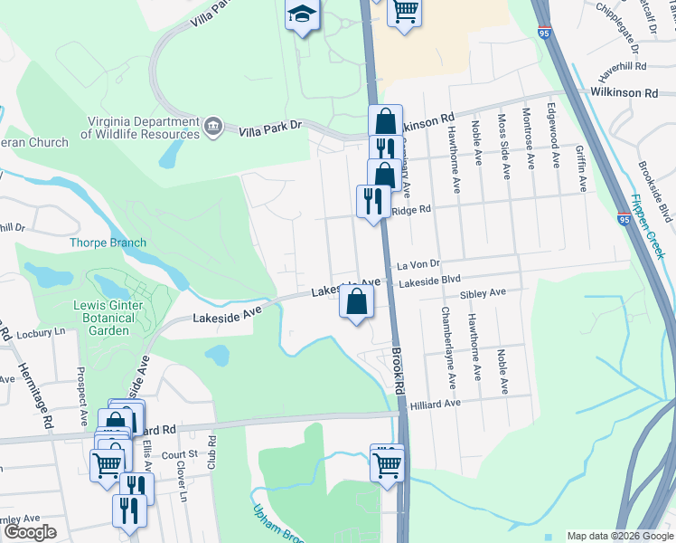 map of restaurants, bars, coffee shops, grocery stores, and more near 7401 Landsworth Ave in Richmond