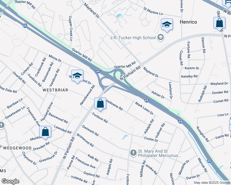 map of restaurants, bars, coffee shops, grocery stores, and more near 8521 Mark Lawn Drive in Henrico