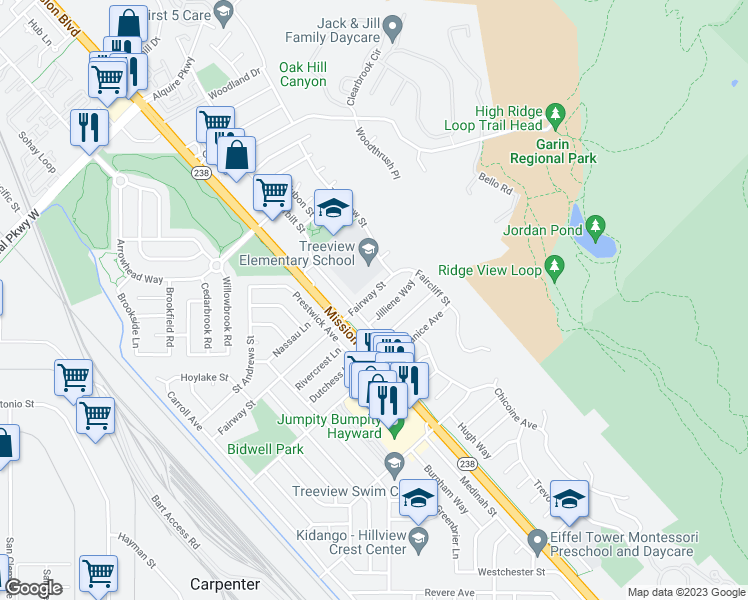map of restaurants, bars, coffee shops, grocery stores, and more near 557 Fairway Street in Hayward