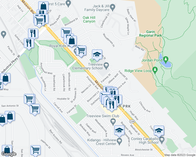 map of restaurants, bars, coffee shops, grocery stores, and more near 30675 Vanderbilt Street in Hayward