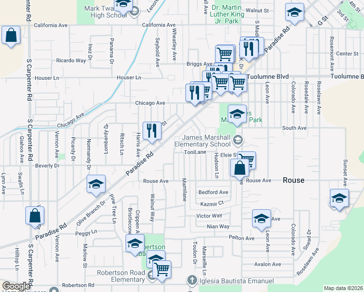 map of restaurants, bars, coffee shops, grocery stores, and more near 1713 ToniLane in Modesto