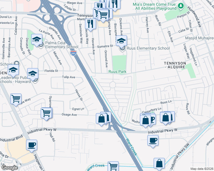 map of restaurants, bars, coffee shops, grocery stores, and more near 1541 Ortega Avenue in Hayward
