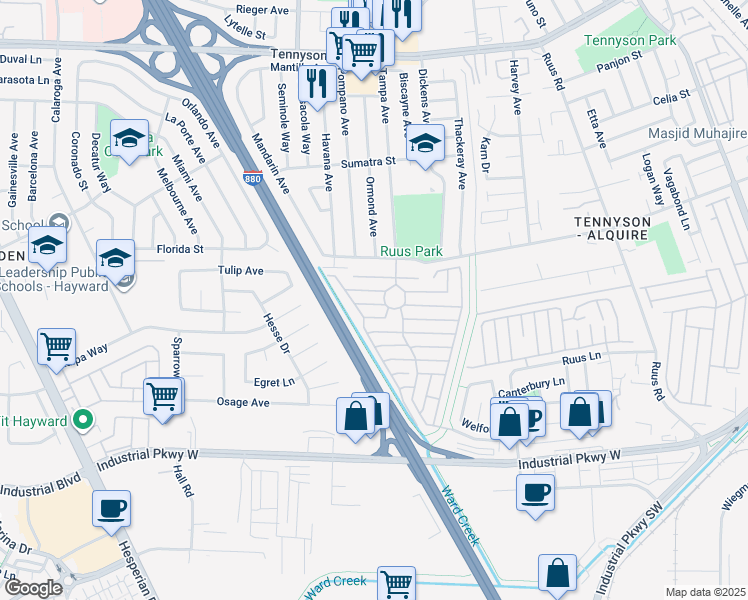 map of restaurants, bars, coffee shops, grocery stores, and more near 1541 Ortega Avenue in Hayward