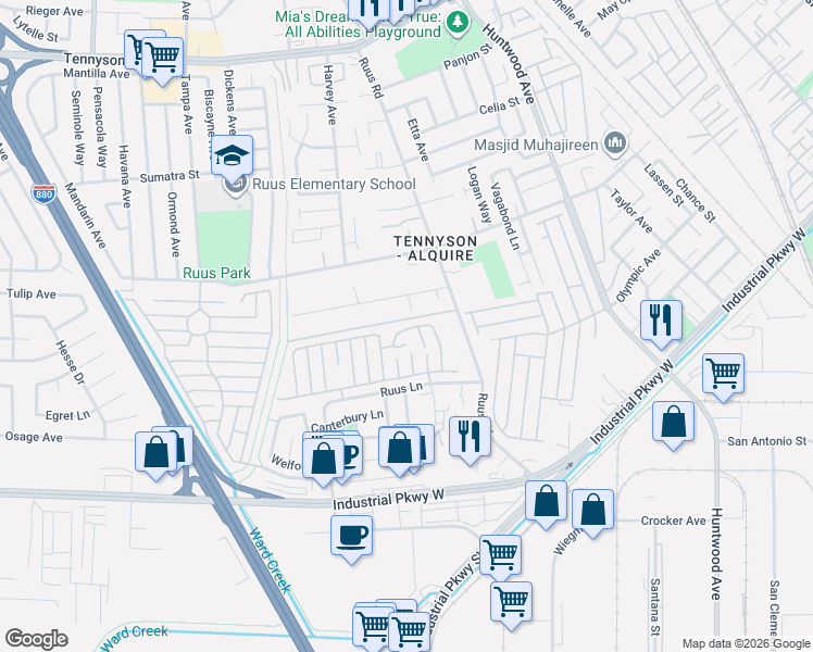 map of restaurants, bars, coffee shops, grocery stores, and more near 1283 Sussex Way in Hayward