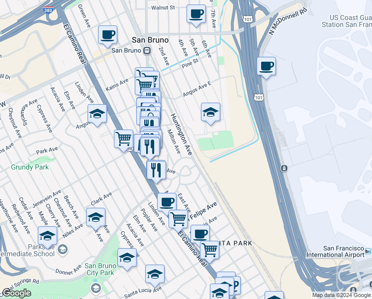 map of restaurants, bars, coffee shops, grocery stores, and more near 413 Huntington Avenue in San Bruno