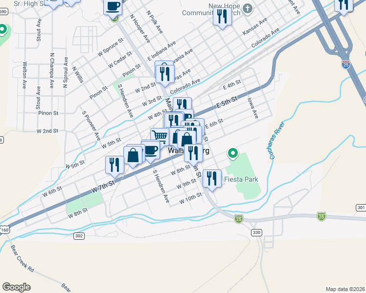 map of restaurants, bars, coffee shops, grocery stores, and more near in Walsenburg