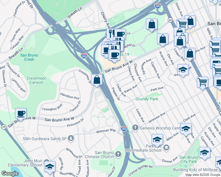 map of restaurants, bars, coffee shops, grocery stores, and more near 743 Pepper Drive in San Bruno
