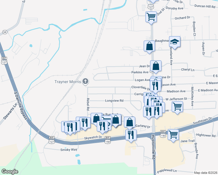 map of restaurants, bars, coffee shops, grocery stores, and more near 612 Cloverdale Dr in Danville