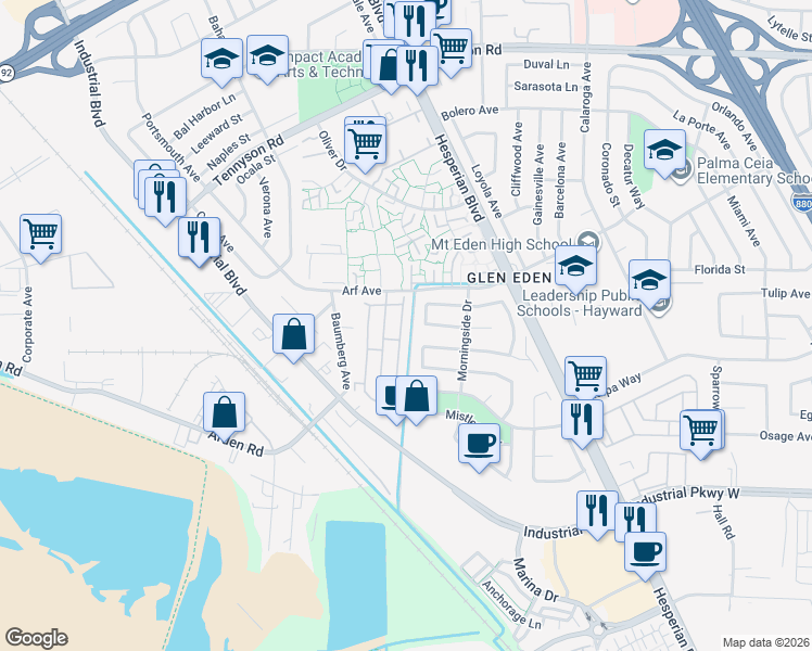 map of restaurants, bars, coffee shops, grocery stores, and more near 27920 Pueblo Serena in Hayward