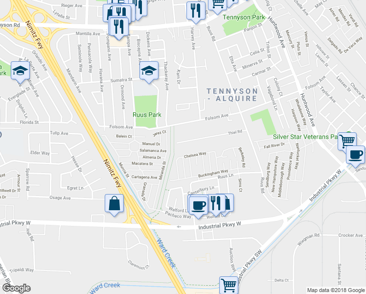 map of restaurants, bars, coffee shops, grocery stores, and more near 1462 Thiel Road in Hayward