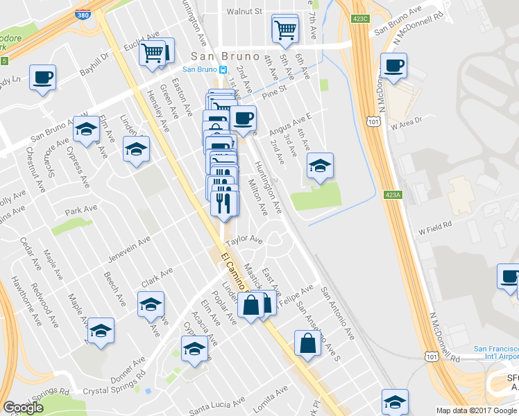 map of restaurants, bars, coffee shops, grocery stores, and more near 421 Milton Avenue in San Bruno